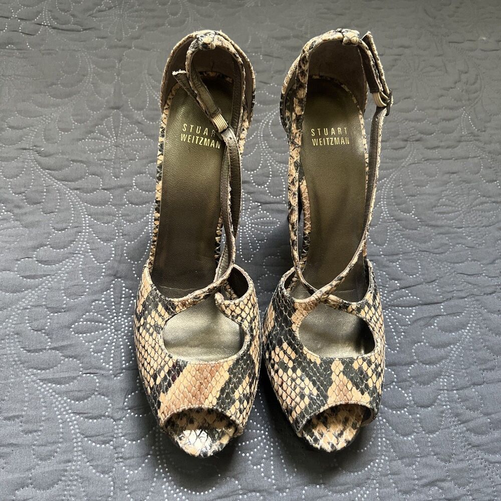 Stuart Weitzman Leather Criss-Cross Mock Snake Skin Peep Toe Platform Heels SZ8M